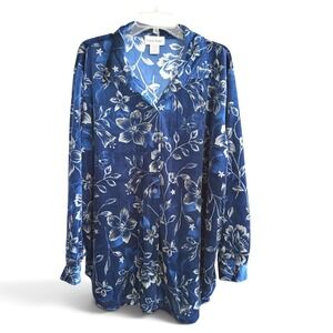 Graver Studio Button Down Women 2X Blue Floral Vintage Velour Blouse Grannycore